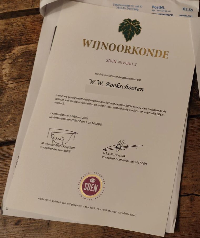 Wijnoorkonde SDEN-niveau 2 op naam van W.W. Boekschooten, examendatum 1 februari 2024
