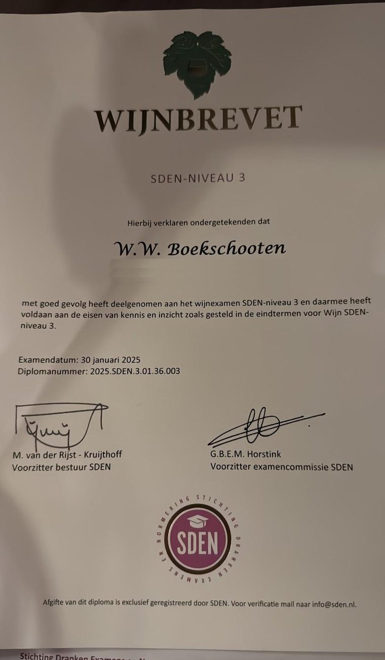 Wijnbrevet SDEN-niveau 3 op naam van W.W. Boekschooten, examendatum 30 januari 2025